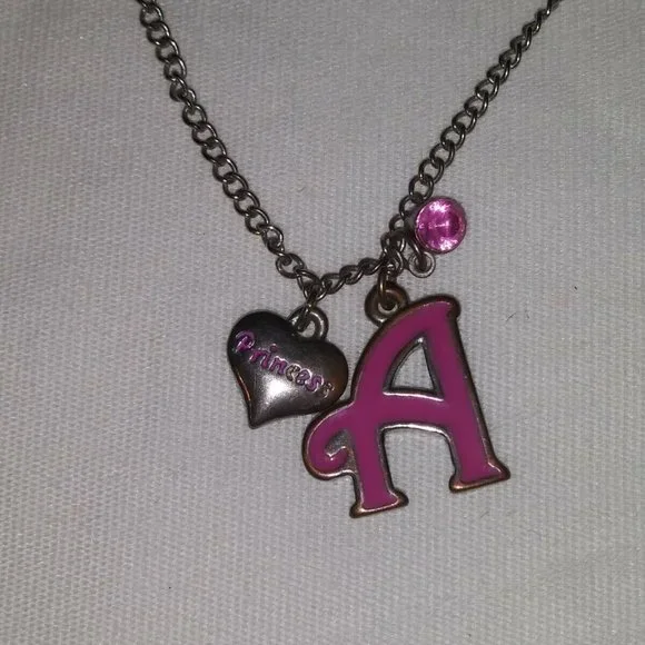PINK LETTER "A" w/PRINCESS CHARM NECKLACE AND PRINCESS CHARM EARRINGS CA 00691 - Picture 2 of 12